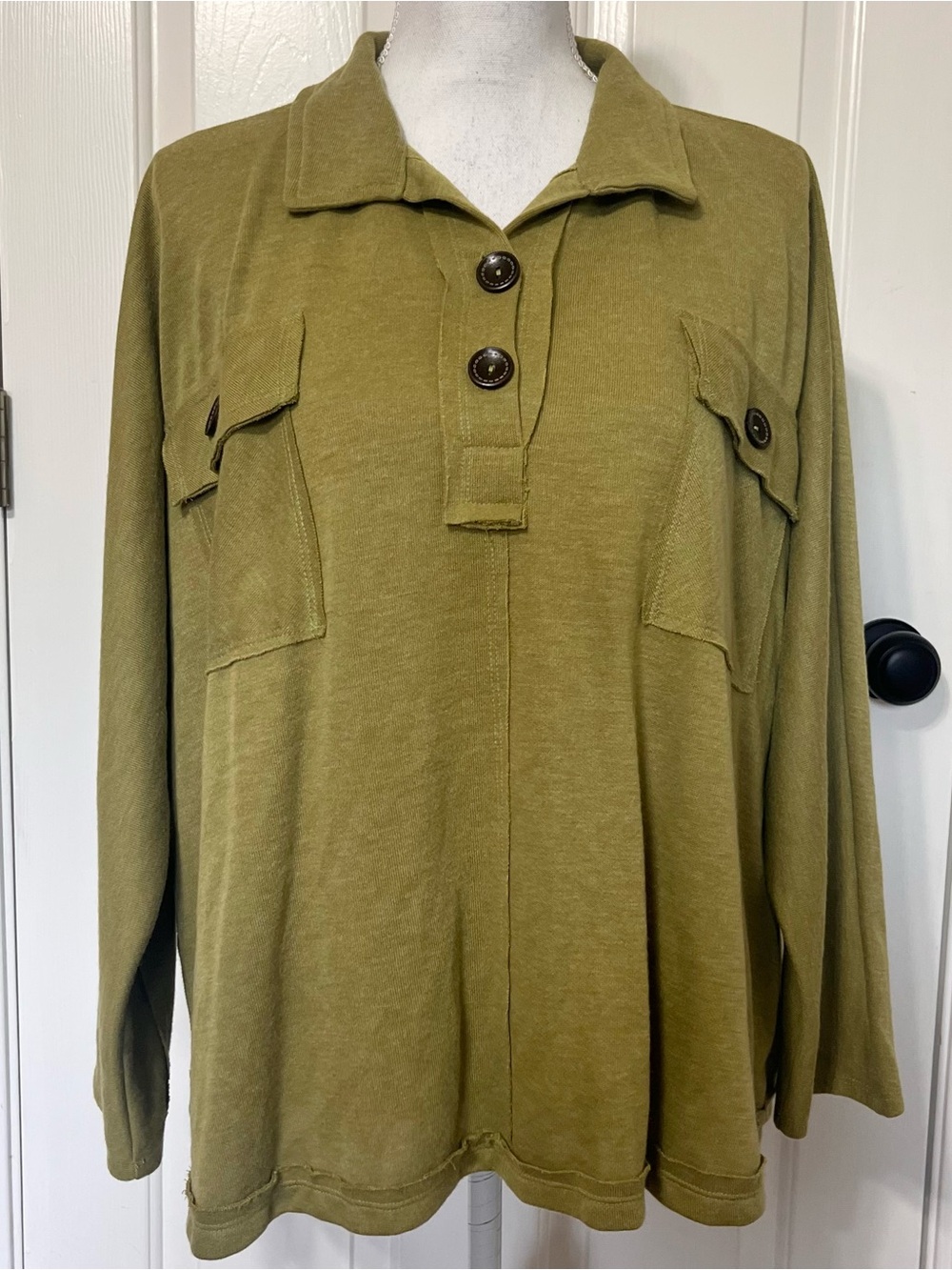 Olive Green Ribbed Knit Utility Gorpcore Oversized Preppy Chic Popover Top Sz S